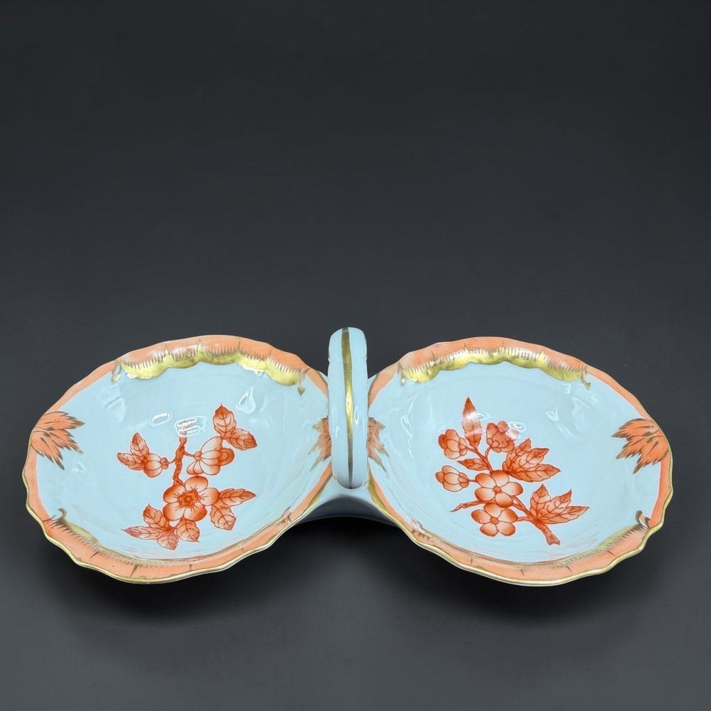 Herend Hungary Chinese Bouquet Rust Double Salt Cellar Nut Dish Gold Trim 1253